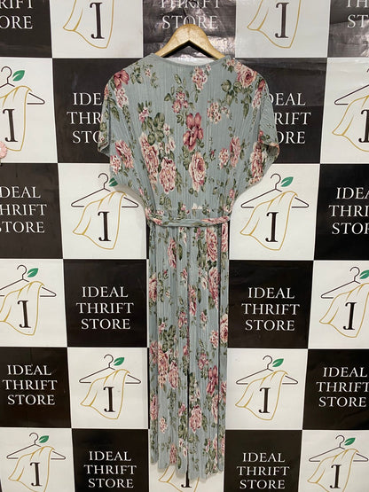 NEW LOOK |M| BUST FREE| A30| SAGE GREEN & PINK FLORAL PLEATED V-NECK MAXI DRESS