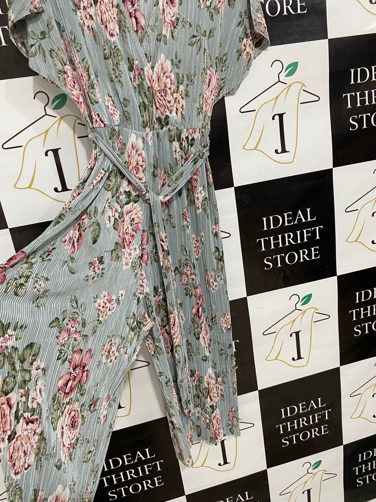 NEW LOOK |M| BUST FREE| A30| SAGE GREEN & PINK FLORAL PLEATED V-NECK MAXI DRESS
