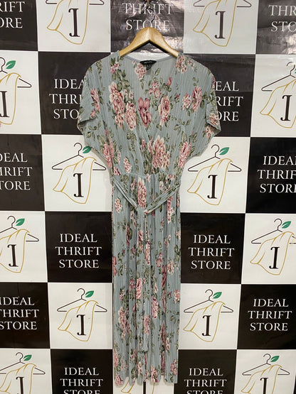 NEW LOOK |M| BUST FREE| A30| SAGE GREEN & PINK FLORAL PLEATED V-NECK MAXI DRESS