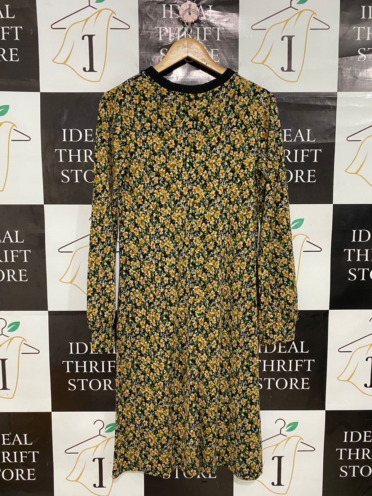 ZARA |S| BUST 17| A30| BLACK & YELLOW FLORAL PRINT LAYERED-LOOK LONG-SLEEVE MIDI DRESS