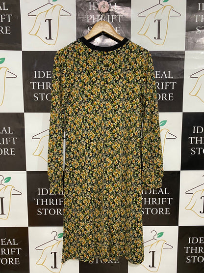 ZARA |S| BUST 17| A30| BLACK & YELLOW FLORAL PRINT LAYERED-LOOK LONG-SLEEVE MIDI DRESS