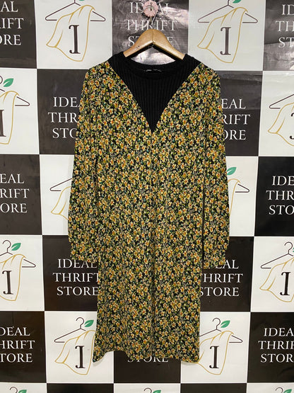 ZARA |S| BUST 17| A30| BLACK & YELLOW FLORAL PRINT LAYERED-LOOK LONG-SLEEVE MIDI DRESS
