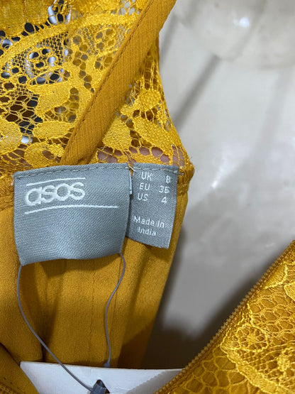 ASOS |S| BUST 15| A30| MUSTARD YELLOW V-NECK LACE-TRIM SLEEVELESS MAXI DRESS