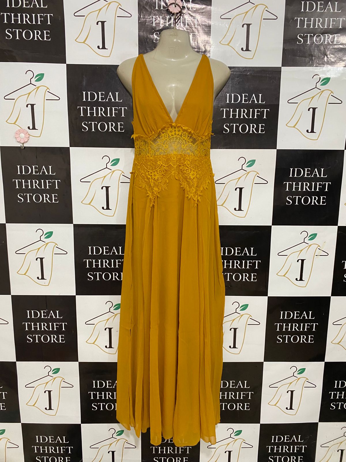 ASOS |S| BUST 15| A30| MUSTARD YELLOW V-NECK LACE-TRIM SLEEVELESS MAXI DRESS