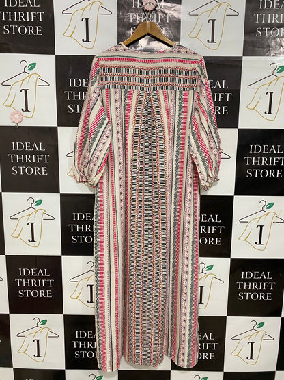EMERY ROSE |XL| BUST 22| A30| CREAM & PINK ETHNIC STRIPE TIE-NECK LONG-SLEEVE MAXI DRESS