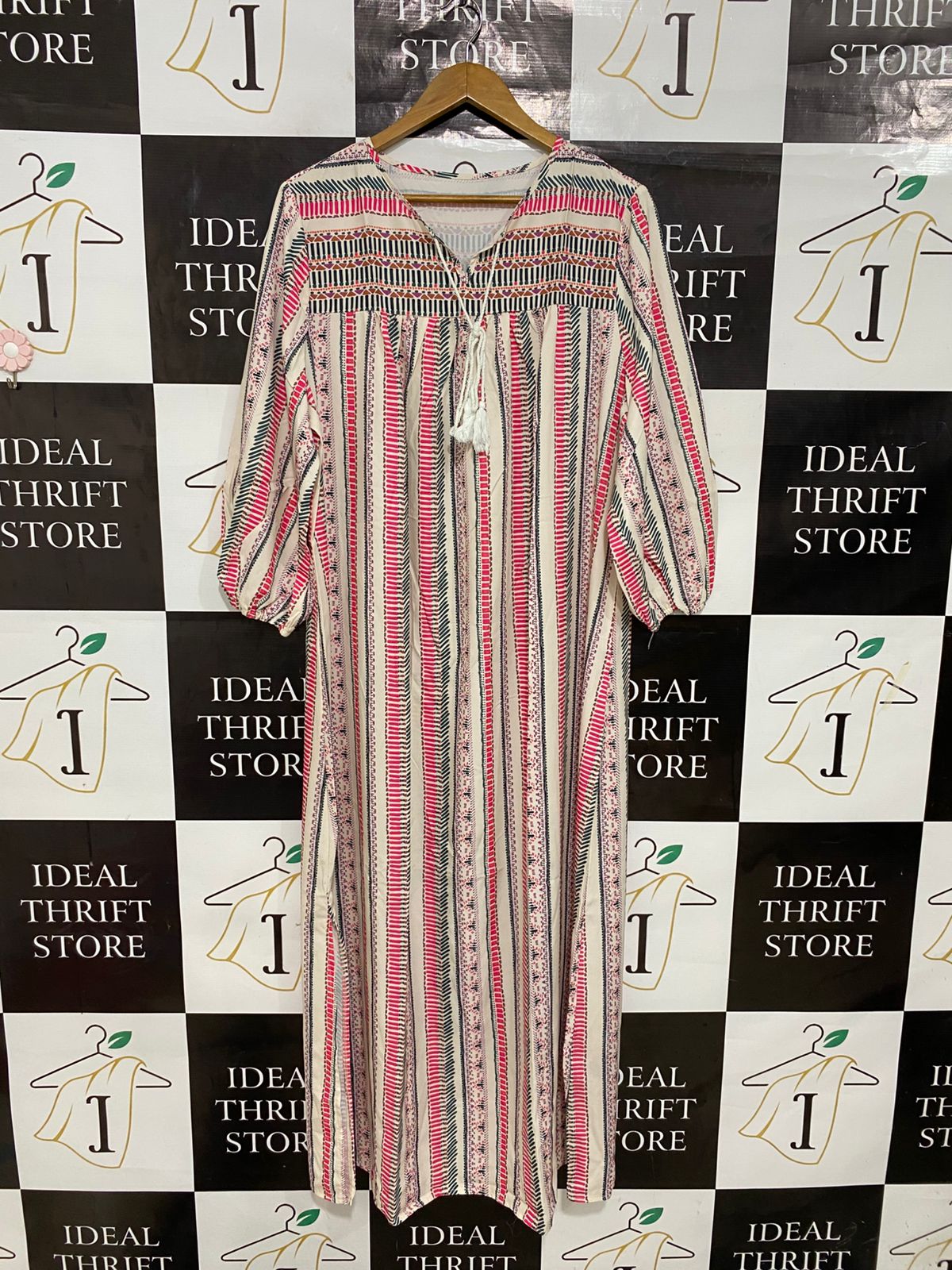 EMERY ROSE |XL| BUST 22| A30| CREAM & PINK ETHNIC STRIPE TIE-NECK LONG-SLEEVE MAXI DRESS