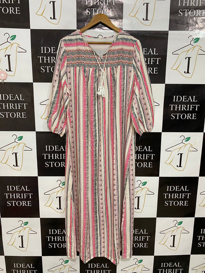 EMERY ROSE |XL| BUST 22| A30| CREAM & PINK ETHNIC STRIPE TIE-NECK LONG-SLEEVE MAXI DRESS