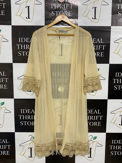 FASHION ALIT |L| BUST 19| A30| CREAM SHEER PLEATED OPEN-FRONT CARDIGAN WITH LACE TRIM