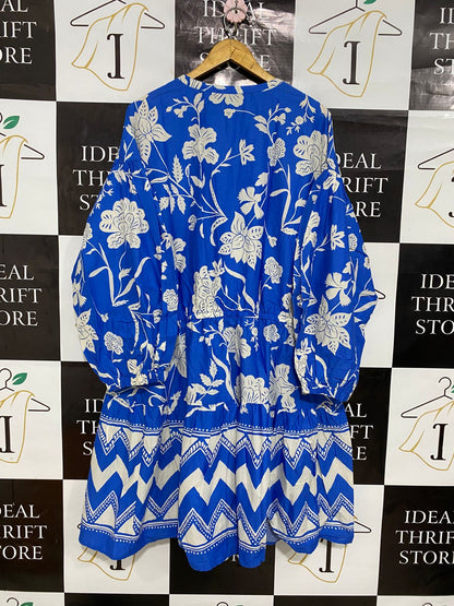 GEORGE |L| BUST FREE| A30| BLUE & WHITE FLORAL & GEOMETRIC BORDER PRINT LONG-SLEEVE TIE-WAIST DRESS