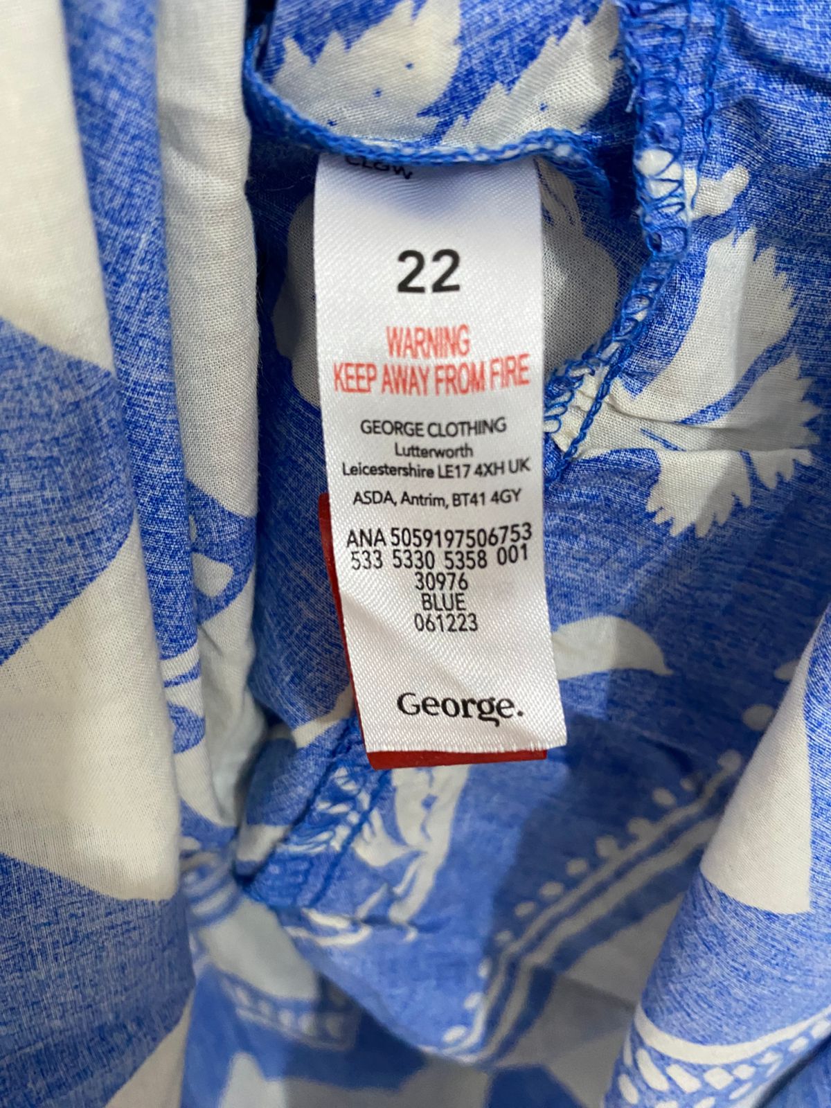 GEORGE |L| BUST FREE| A30| BLUE & WHITE FLORAL & GEOMETRIC BORDER PRINT LONG-SLEEVE TIE-WAIST DRESS