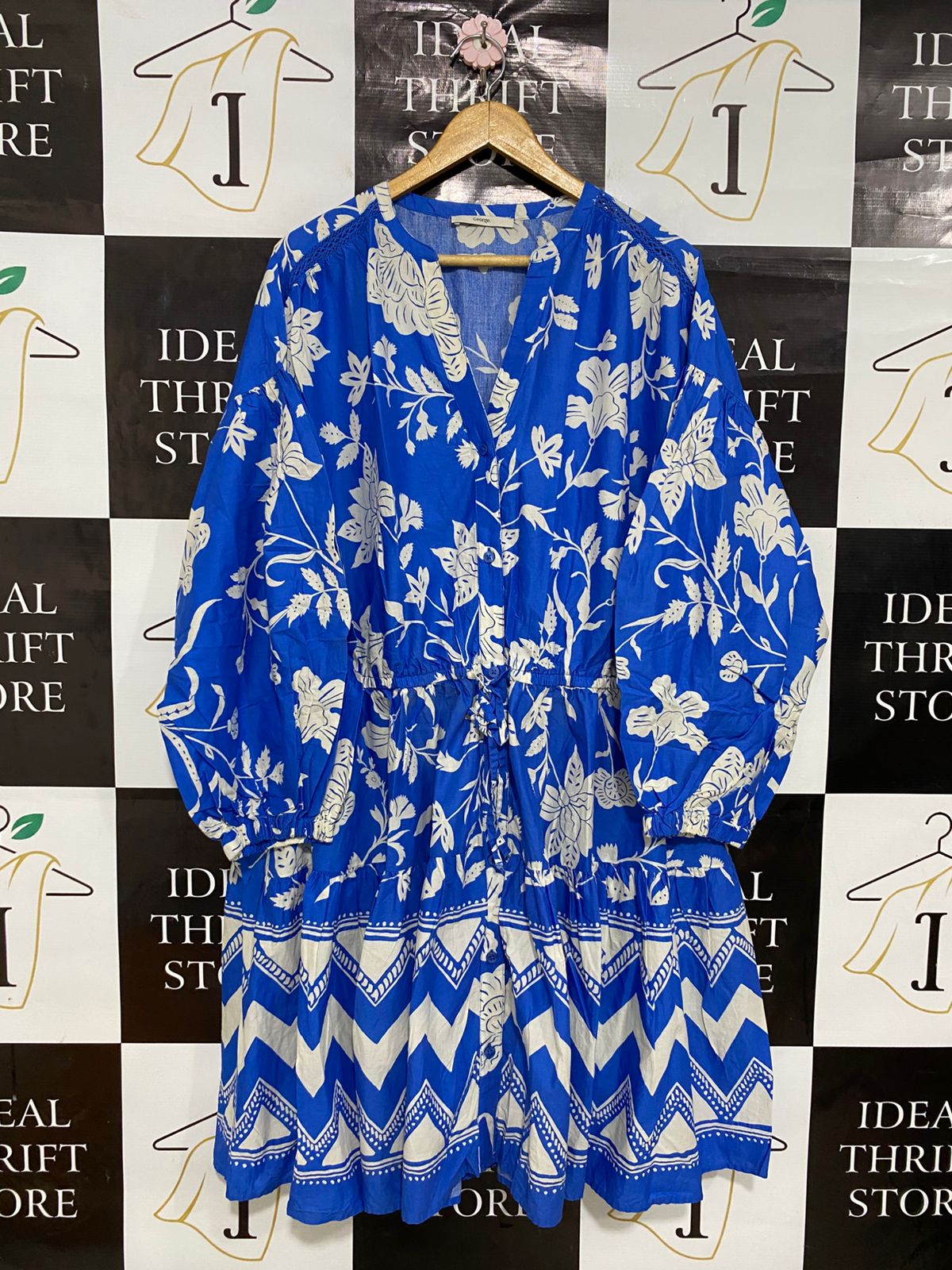 GEORGE |L| BUST FREE| A30| BLUE & WHITE FLORAL & GEOMETRIC BORDER PRINT LONG-SLEEVE TIE-WAIST DRESS