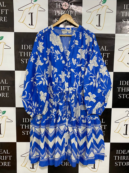 GEORGE |L| BUST FREE| A30| BLUE & WHITE FLORAL & GEOMETRIC BORDER PRINT LONG-SLEEVE TIE-WAIST DRESS