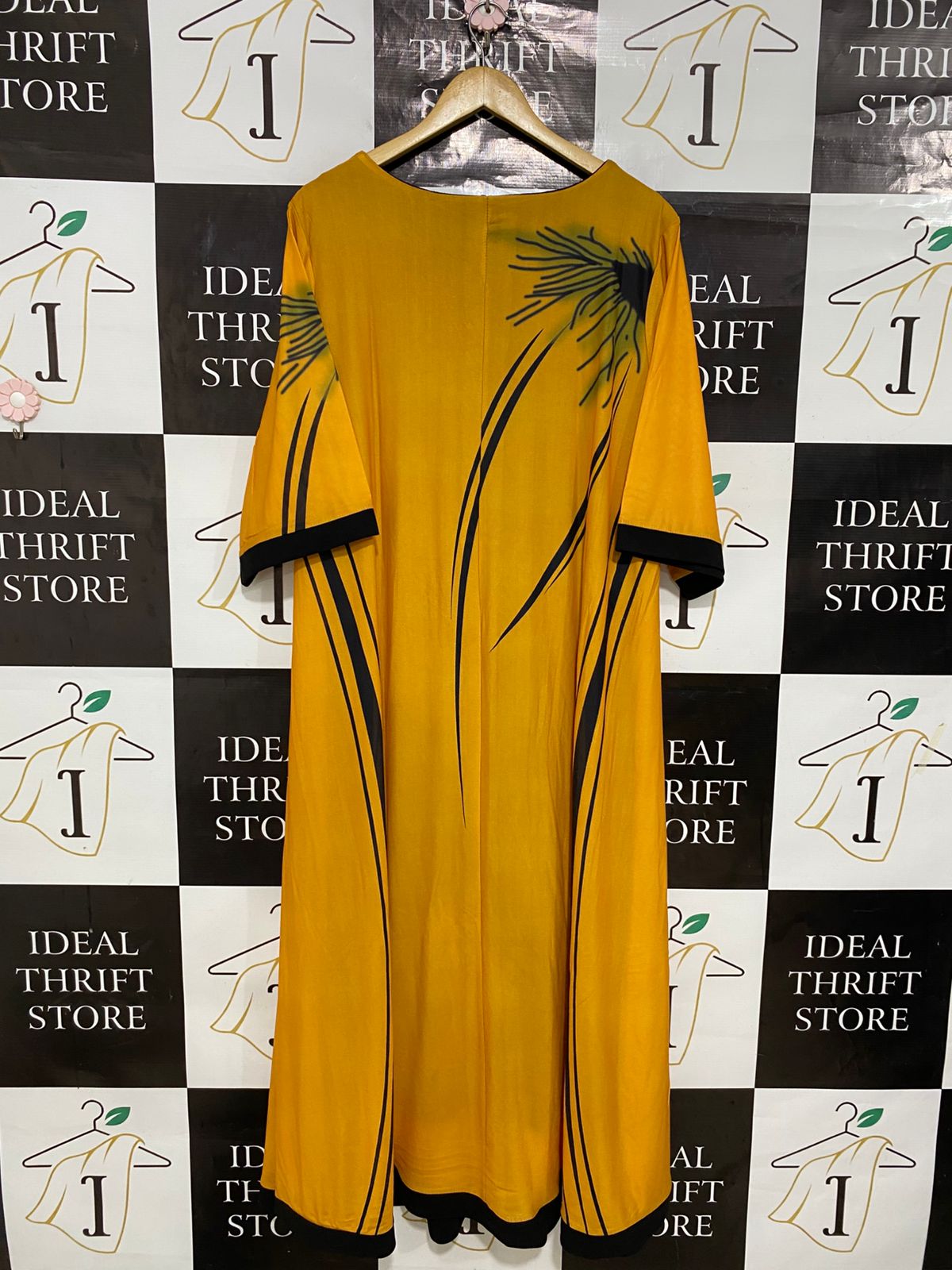 SHEIN CURVE |XL| BUST 22| A30| YELLOW & BLACK ABSTRACT FLORAL ART-PRINT SHORT-SLEEVE MIDI DRESS