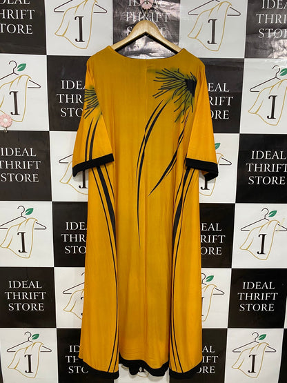 SHEIN CURVE |XL| BUST 22| A30| YELLOW & BLACK ABSTRACT FLORAL ART-PRINT SHORT-SLEEVE MIDI DRESS