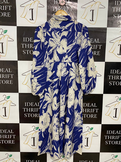 SHEIN |XS| BUST 17| A30| BLUE & WHITE LARGE FLORAL PRINT SHIRT-STYLE LONG-SLEEVE MIDI DRESS