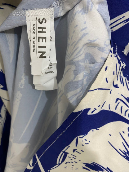 SHEIN |XS| BUST 17| A30| BLUE & WHITE LARGE FLORAL PRINT SHIRT-STYLE LONG-SLEEVE MIDI DRESS