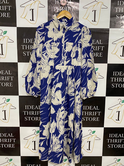 SHEIN |XS| BUST 17| A30| BLUE & WHITE LARGE FLORAL PRINT SHIRT-STYLE LONG-SLEEVE MIDI DRESS