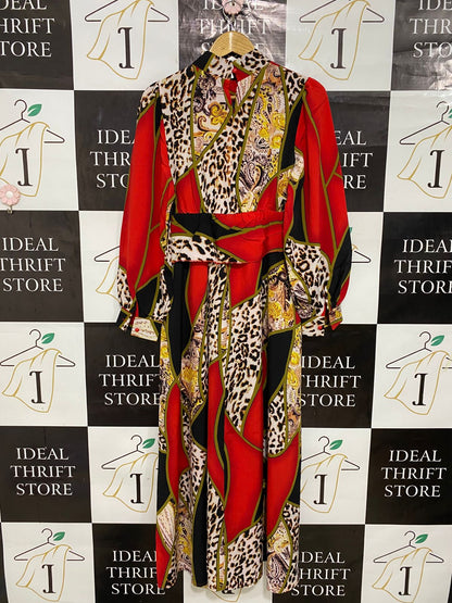 VONDA |M| BUST 16| A30| RED & BLACK STATEMENT GEOMETRIC & LEOPARD PRINT LONG-SLEEVE DRESS