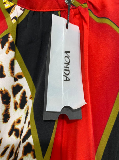 VONDA |M| BUST 16| A30| RED & BLACK STATEMENT GEOMETRIC & LEOPARD PRINT LONG-SLEEVE DRESS