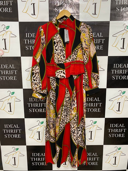 VONDA |M| BUST 16| A30| RED & BLACK STATEMENT GEOMETRIC & LEOPARD PRINT LONG-SLEEVE DRESS