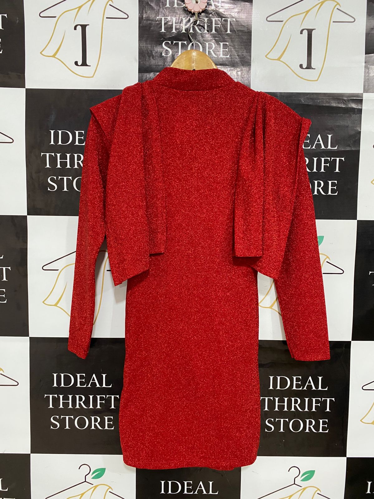 F FASHION |S| BUST 15| A30| SPARKLY RED DRAPED COCKTAIL MINI DRESS WITH MOCK NECK