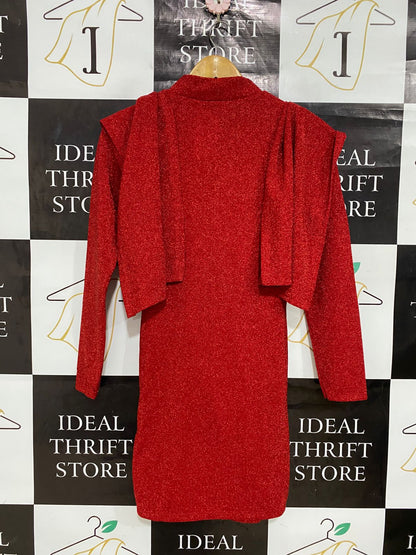 F FASHION |S| BUST 15| A30| SPARKLY RED DRAPED COCKTAIL MINI DRESS WITH MOCK NECK