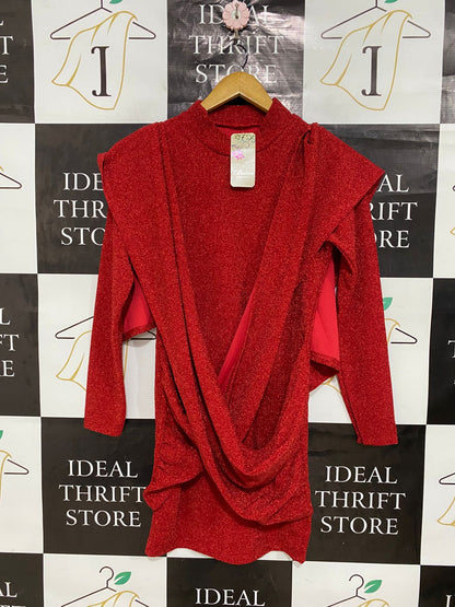 F FASHION |S| BUST 15| A30| SPARKLY RED DRAPED COCKTAIL MINI DRESS WITH MOCK NECK