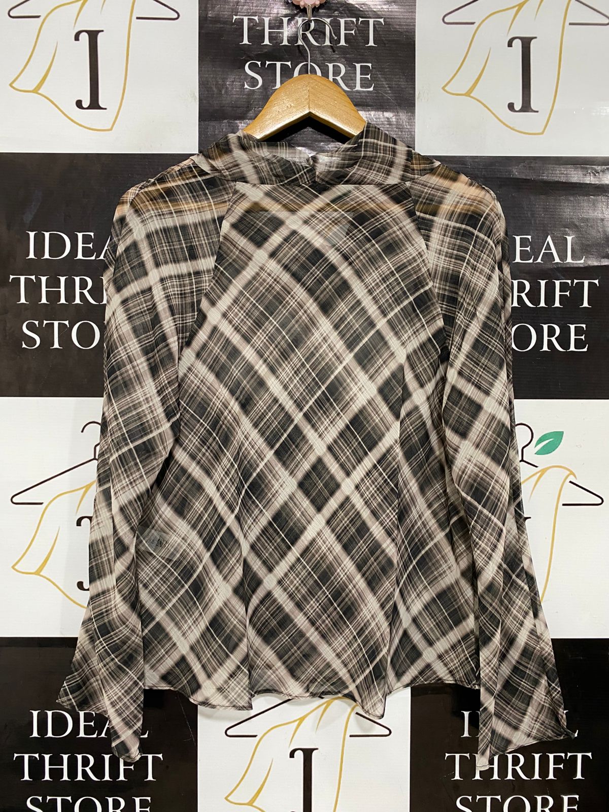 ZARA |M| BUST 20| A29| BROWN & BLACK PLAID SHEER COWL-NECK LONG-SLEEVE TOP