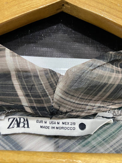 ZARA |M| BUST 20| A29| BROWN & BLACK PLAID SHEER COWL-NECK LONG-SLEEVE TOP