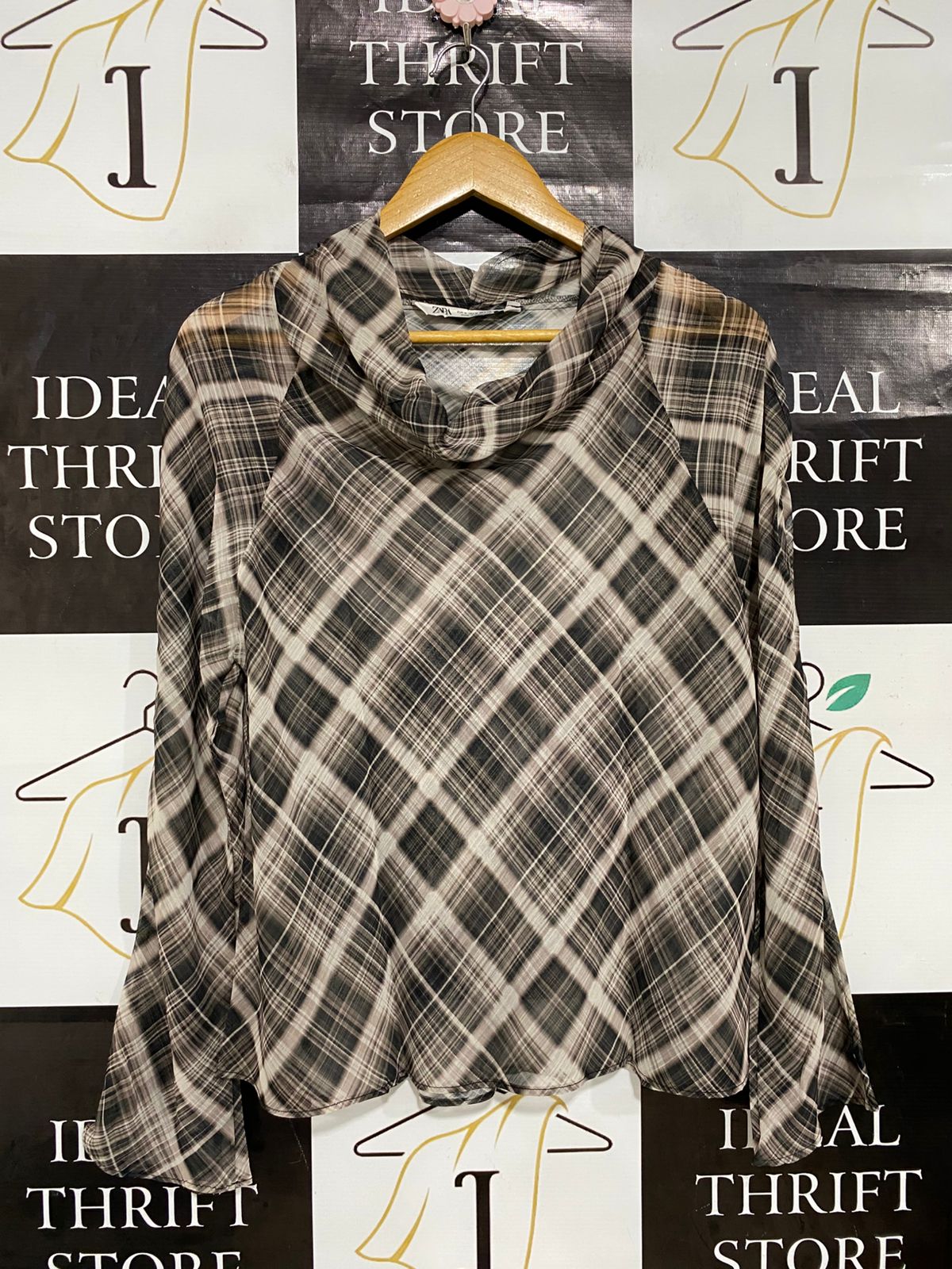 ZARA |M| BUST 20| A29| BROWN & BLACK PLAID SHEER COWL-NECK LONG-SLEEVE TOP