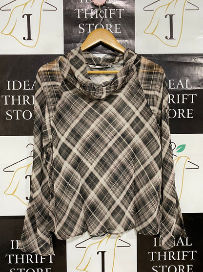 ZARA |M| BUST 20| A29| BROWN & BLACK PLAID SHEER COWL-NECK LONG-SLEEVE TOP