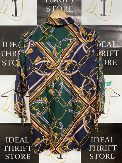 RIVER ISLAND |S| BUST 19| A29| NAVY & GREEN BAROQUE SCARF-PRINT LONG-SLEEVE SHIRT