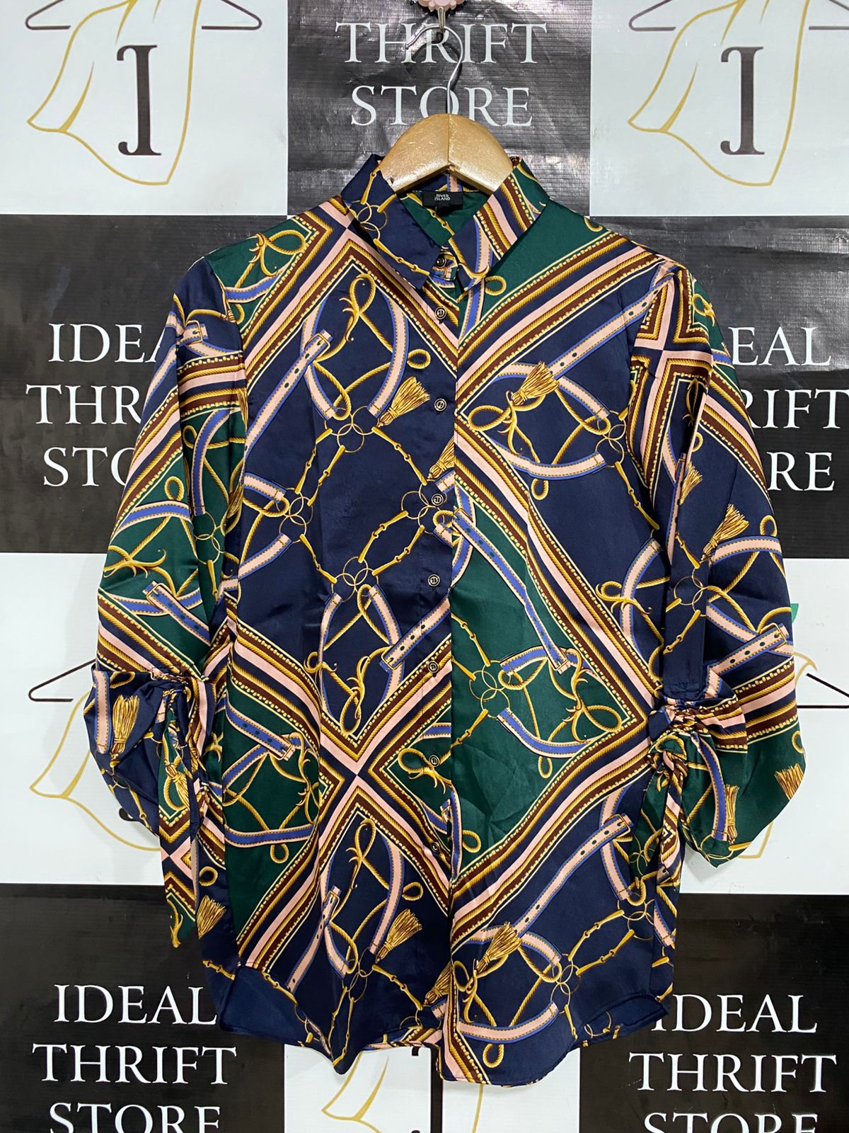 RIVER ISLAND |S| BUST 19| A29| NAVY & GREEN BAROQUE SCARF-PRINT LONG-SLEEVE SHIRT
