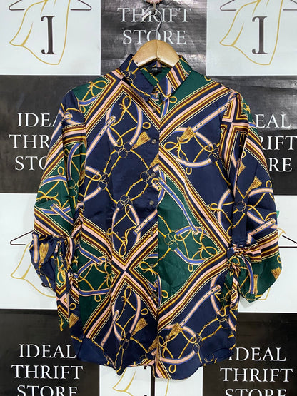 RIVER ISLAND |S| BUST 19| A29| NAVY & GREEN BAROQUE SCARF-PRINT LONG-SLEEVE SHIRT