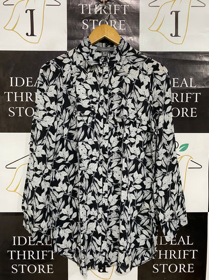 PRIMARK |M| BUST 19| A29| BLACK & WHITE BOTANICAL LEAF PRINT LONG-SLEEVE BUTTON-DOWN SHIRT