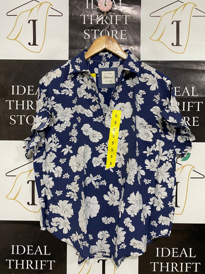 JACHS |S| BUST 23| A29| GIRLFRIEND NEW YORK NAVY & WHITE FLORAL SHORT-SLEEVE SHIRT