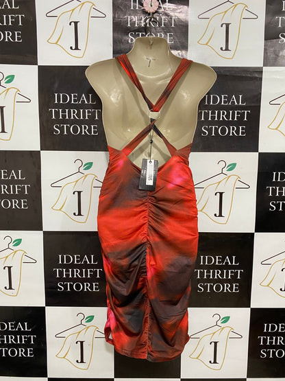 REBELLIOUS |S| BUST 15| A29| RED & BLACK SMOKED ABSTRACT TIE-DYE V-NECK BODYCON MIDI DRESS