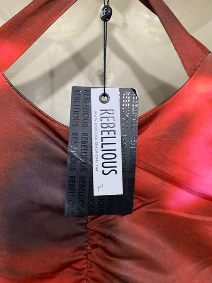 REBELLIOUS |S| BUST 15| A29| RED & BLACK SMOKED ABSTRACT TIE-DYE V-NECK BODYCON MIDI DRESS