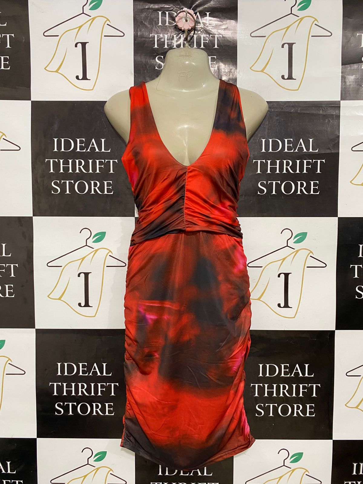 REBELLIOUS |S| BUST 15| A29| RED & BLACK SMOKED ABSTRACT TIE-DYE V-NECK BODYCON MIDI DRESS