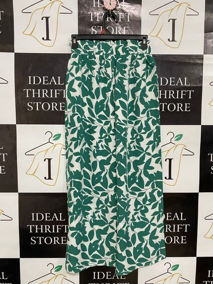 SHEIN |XS| WAIST 24| A29| GREEN & WHITE BOTANICAL LEAF PRINT WIDE-LEG LOUNGE PANTS