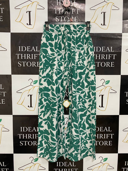 SHEIN |XS| WAIST 24| A29| GREEN & WHITE BOTANICAL LEAF PRINT WIDE-LEG LOUNGE PANTS