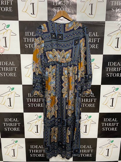 |M| BUST 17| A29| NAVY & MUSTARD PAISLEY SCARF-PRINT TIERED LONG-SLEEVE MAXI DRESS