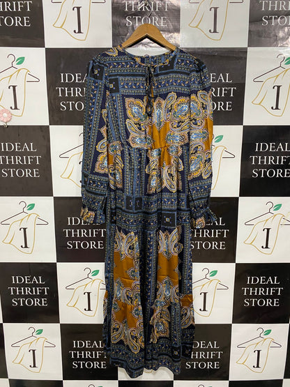 |M| BUST 17| A29| NAVY & MUSTARD PAISLEY SCARF-PRINT TIERED LONG-SLEEVE MAXI DRESS