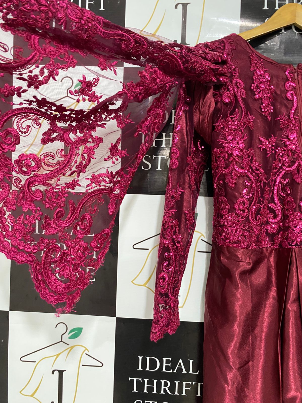 |M| BUST 18| A29| MAROON EMBROIDERED LACE ACCENTED LONG-SLEEVE MAXI DRESS WITH DRAPED SCARF