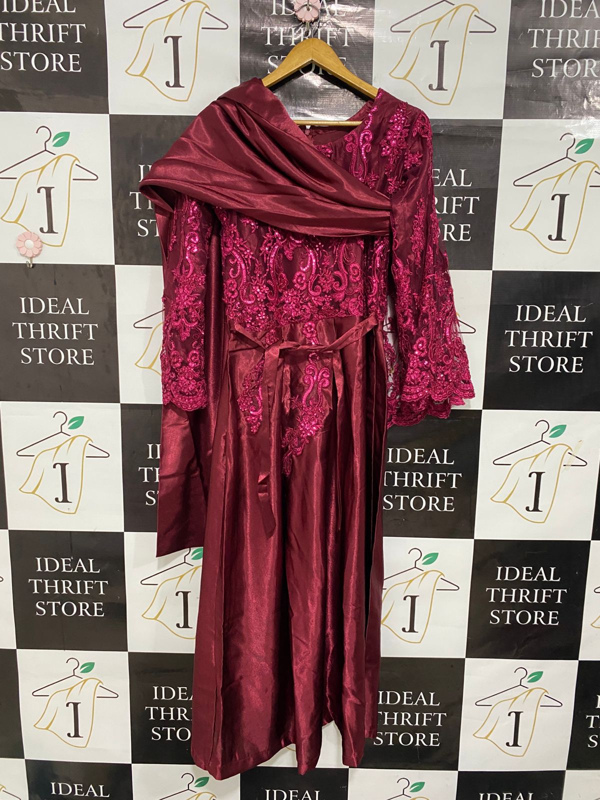 |M| BUST 18| A29| MAROON EMBROIDERED LACE ACCENTED LONG-SLEEVE MAXI DRESS WITH DRAPED SCARF
