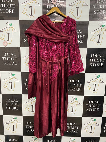 |M| BUST 18| A29| MAROON EMBROIDERED LACE ACCENTED LONG-SLEEVE MAXI DRESS WITH DRAPED SCARF