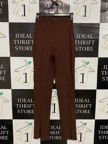 MISSGUIDED |S| WAIST 24| A29| BROWN HIGH-WAISTED FRONT-SEAM SPLIT-HEM TROUSERS