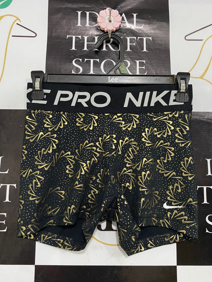 NIKE PRO |S| WAIST 24| A29| BLACK & METALLIC GOLD SWOOSH-SWIRL ATHLETIC BIKER SHORTS