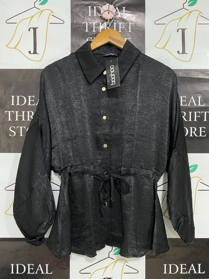 BOOHOO |M| BUST FREE| A29| BLACK SHIMMER DRAWSTRING WAIST BUTTON-UP SHIRT