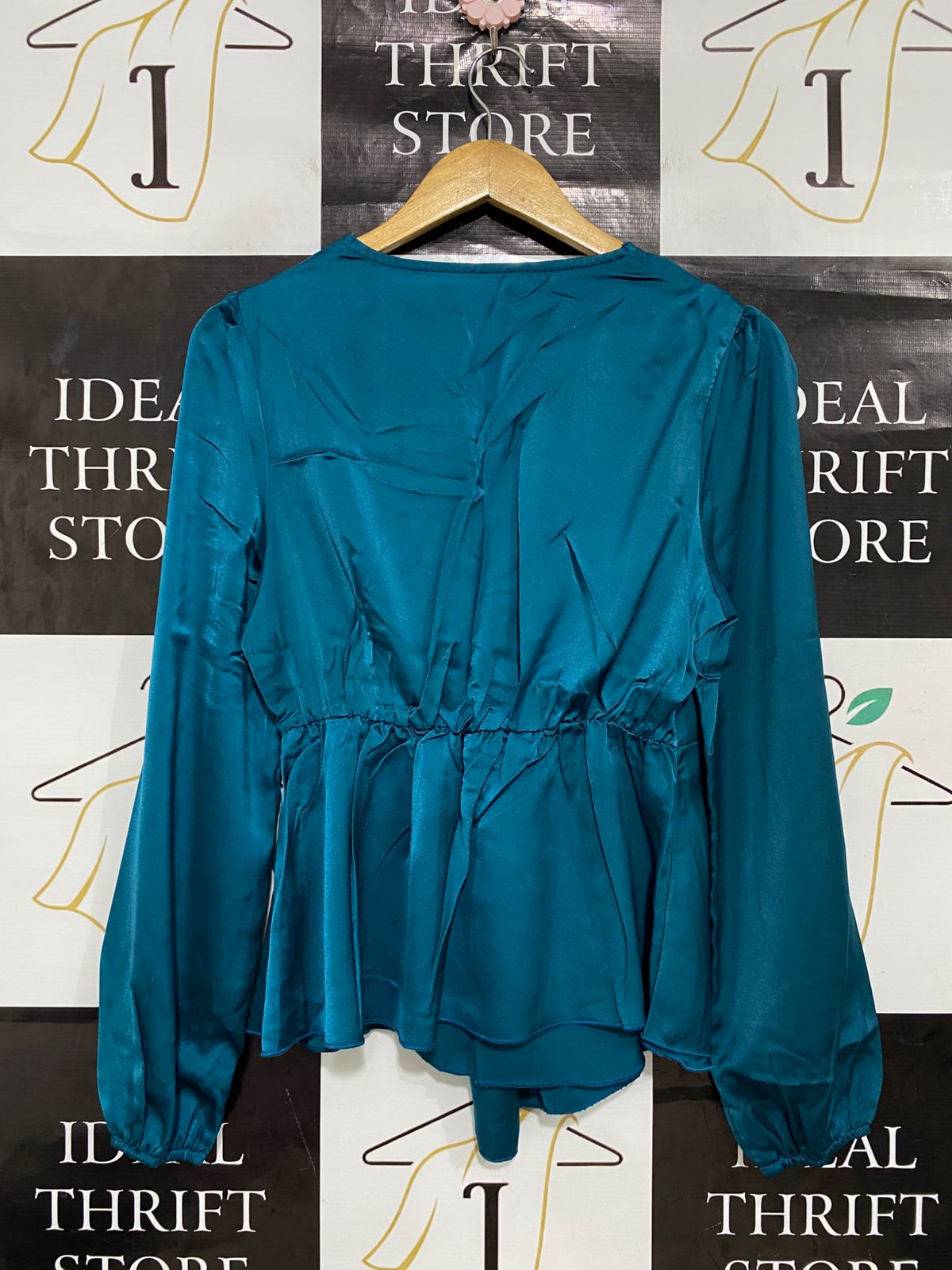 SHEIN |M| BUST 16| A29| TEAL SATIN KNOT-FRONT LONG-SLEEVE BLOUSE